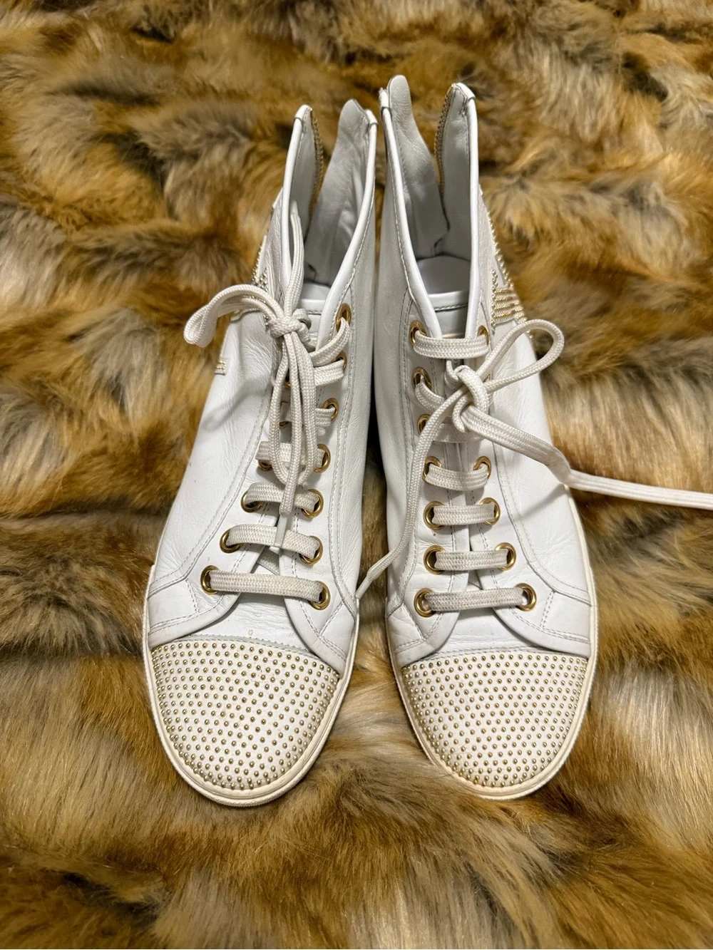 Louis Vuitton White High-Top Sneakers with Gold Stud Logo